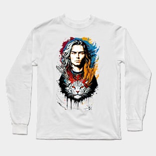 colorful graphic illustration man and angry tiger cats Long Sleeve T-Shirt
